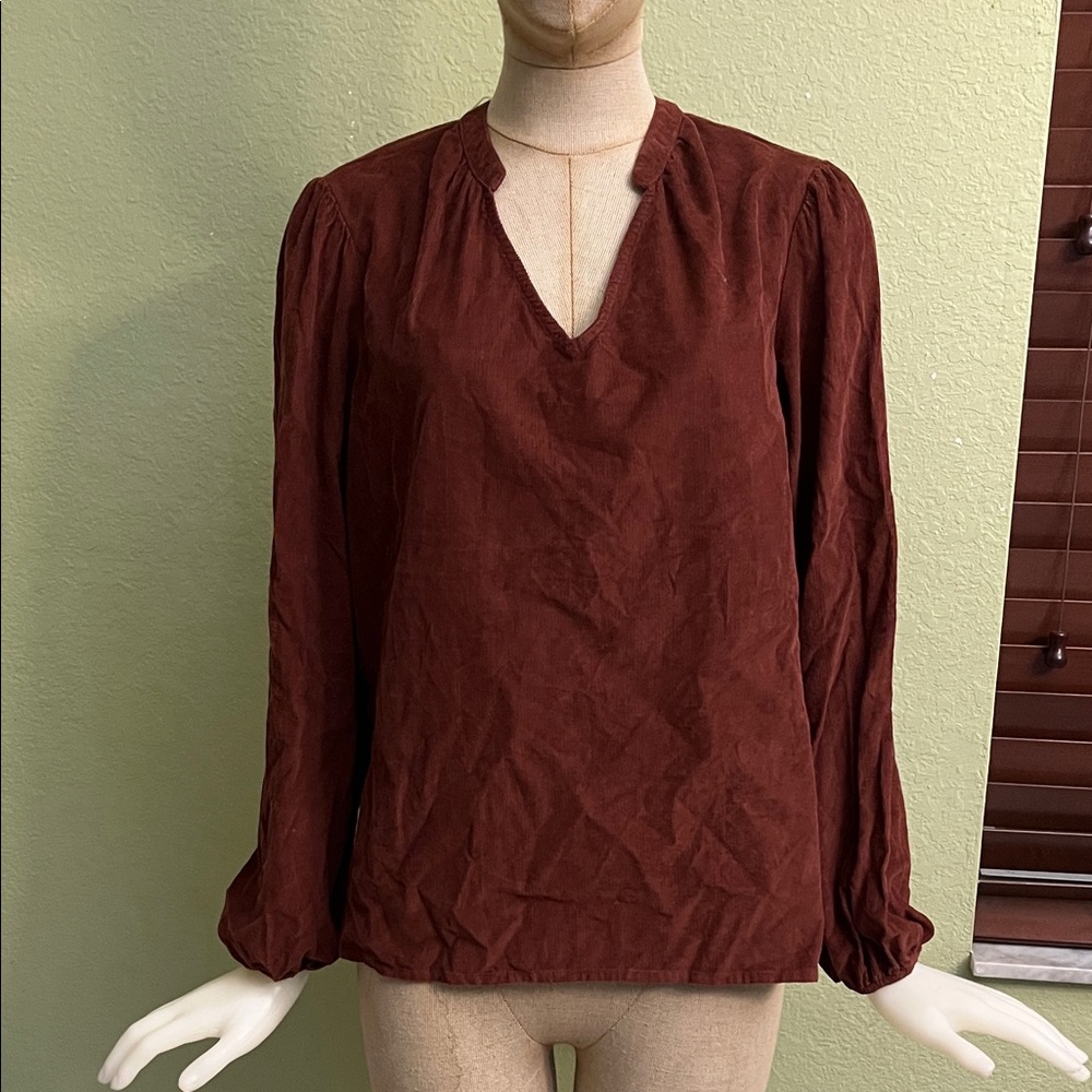 Women's V-Neck Long Sleeve corduroy Top - Brown